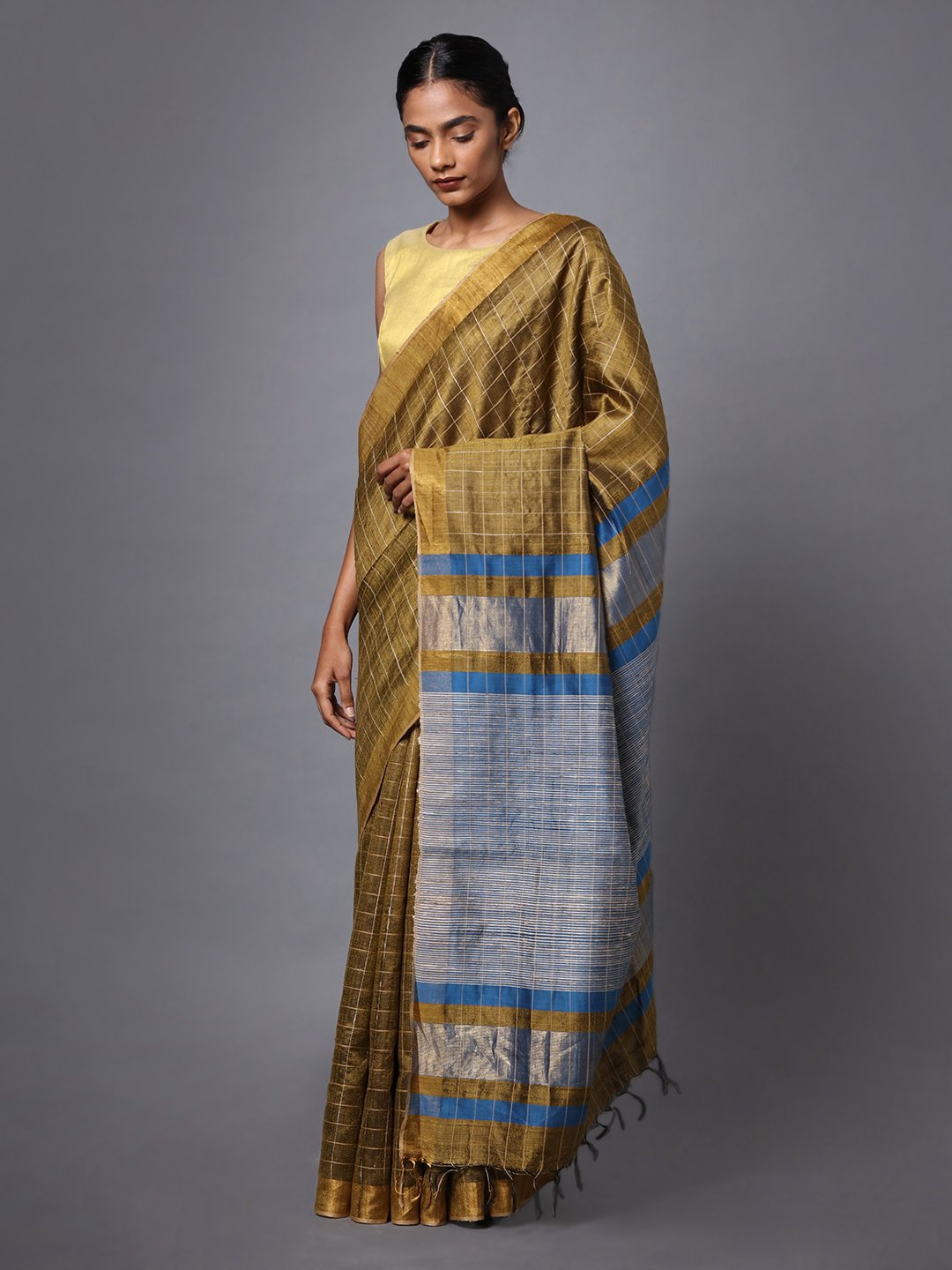Handloom golden brown tussar silk saree