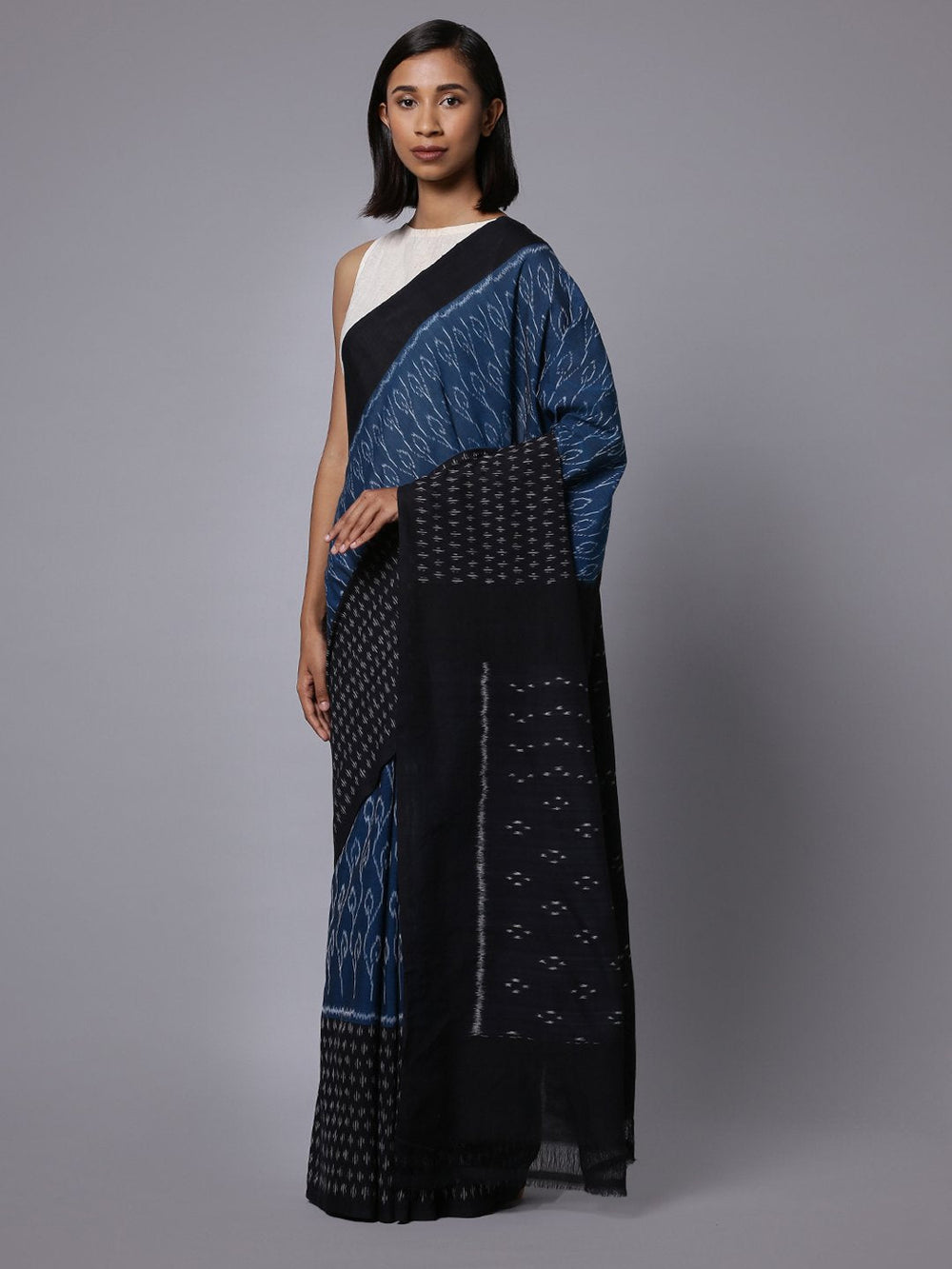 Ikat blue black handloom cotton saree