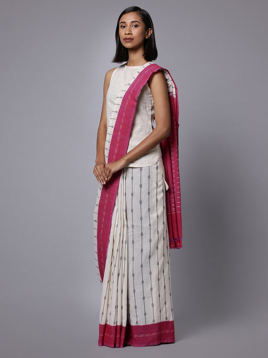 White pink ikat handloom cotton saree