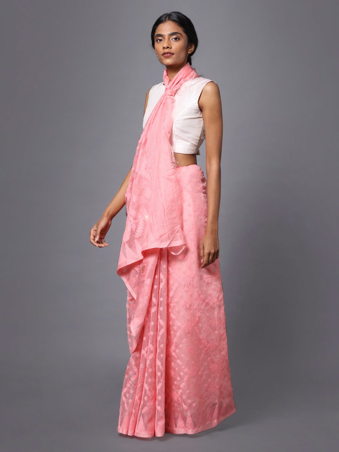 Pink handloom jamdani cotton silk saree