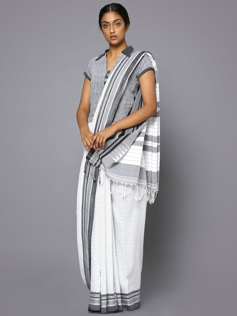 Grey striped white ilkal cotton saree