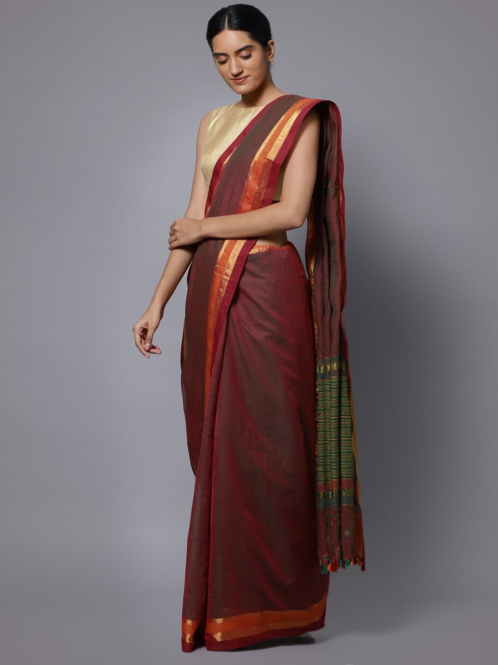 Red maroon hand embroidery cotton saree