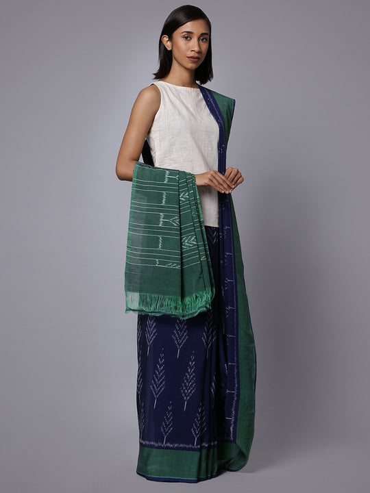 Ikat navy blue handloom cotton saree