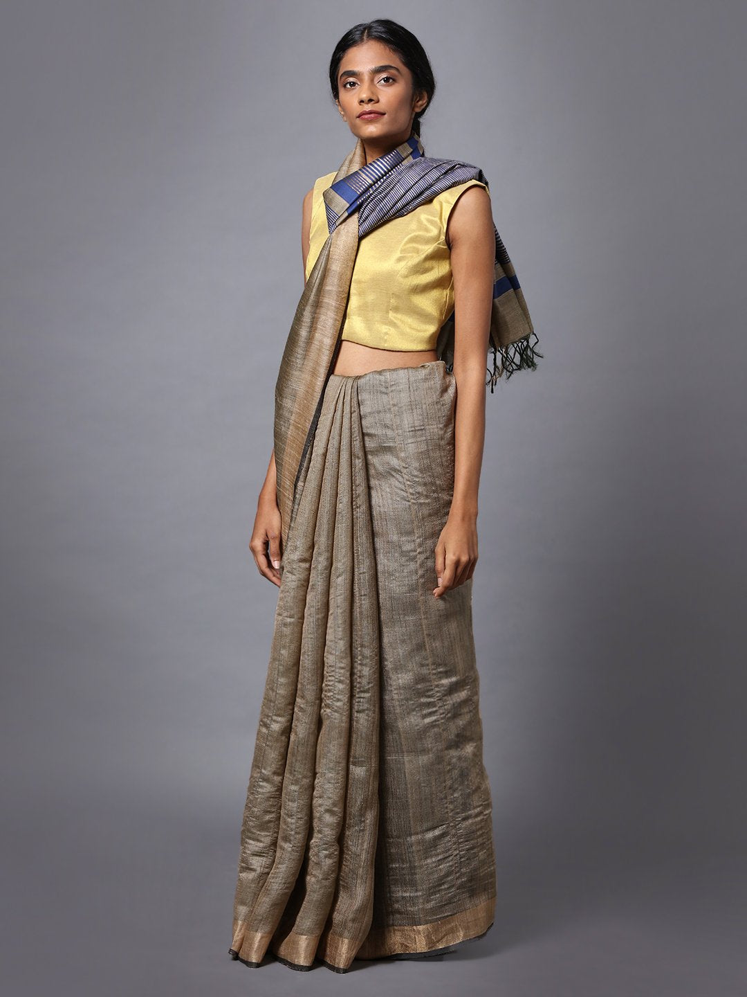 Grey beige handloom tussar silk saree