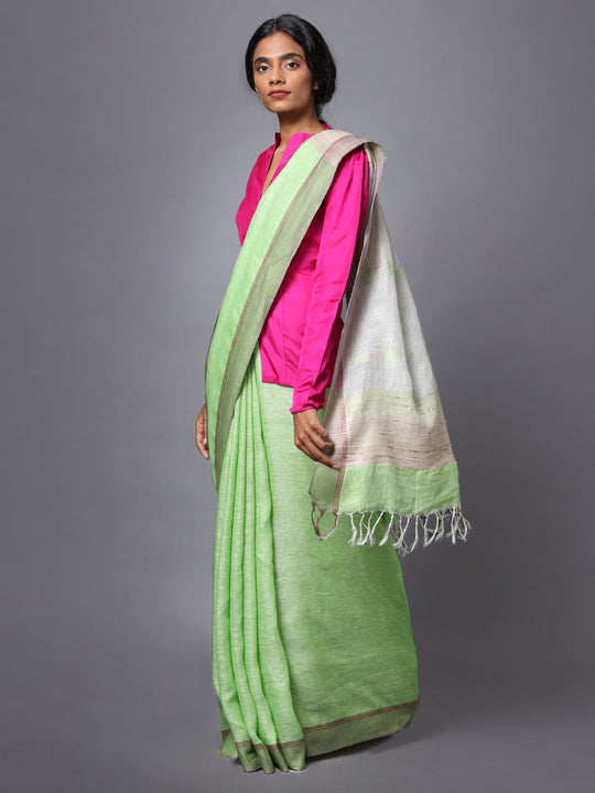 Light Green Handloom Jamdani Linen Saree