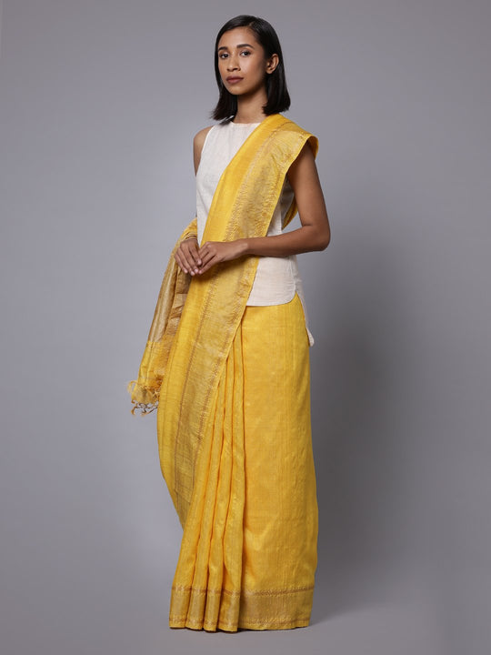 Golden yellow matka silk handloom saree