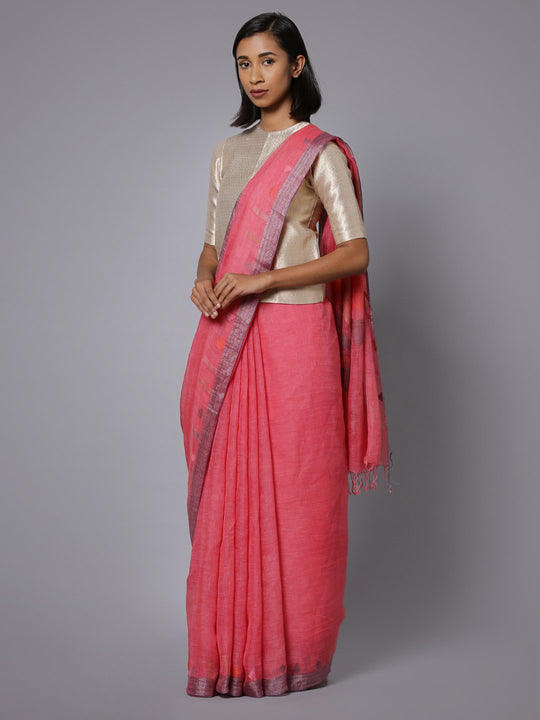 Pink jamdani linen bengal handloom saree