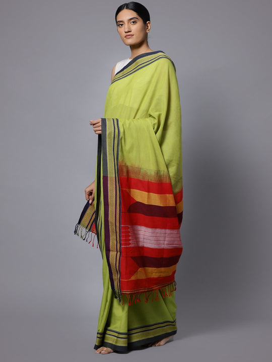 Lime green ilkal handloom cotton saree
