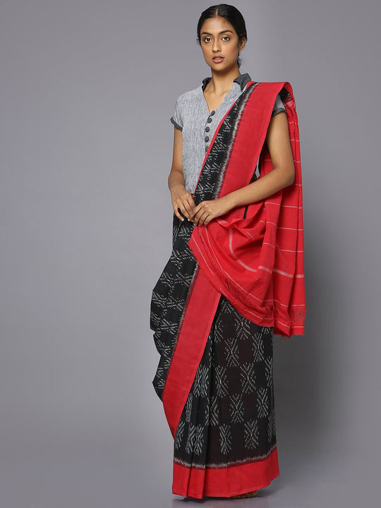 Black & red ikat cotton saree