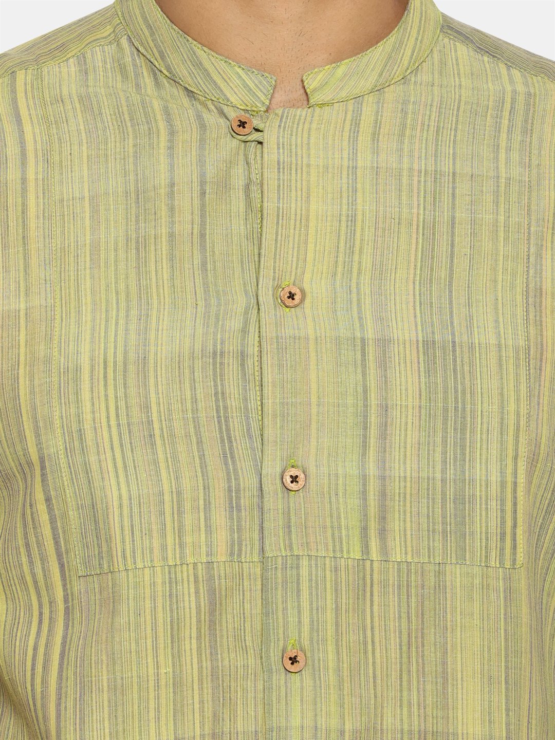 Lime green striped mandarin collared shirt