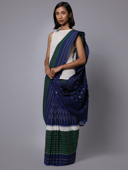 Blue green ikat handloom cotton saree