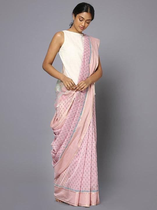 Pink silk cotton printed maheshwari saree