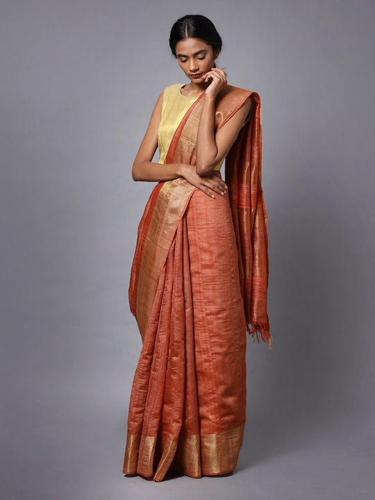 Handloom light orange tussar silk saree