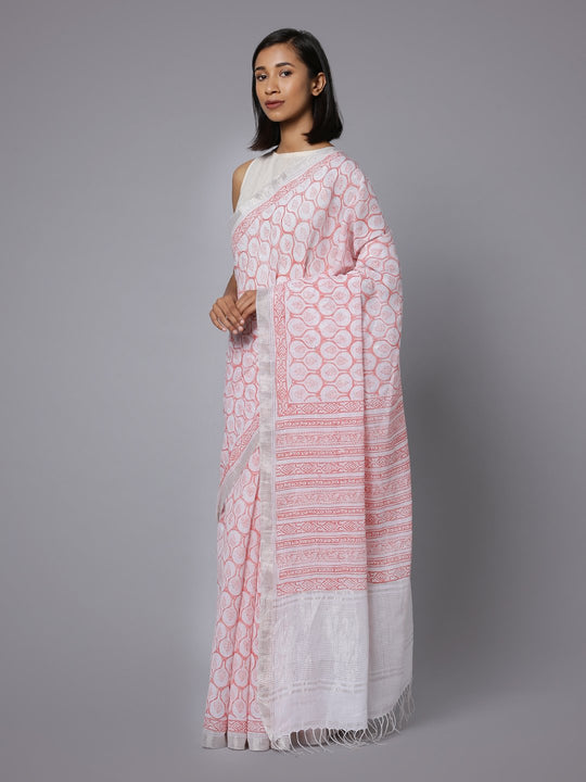 White pink cotton handblock print saree