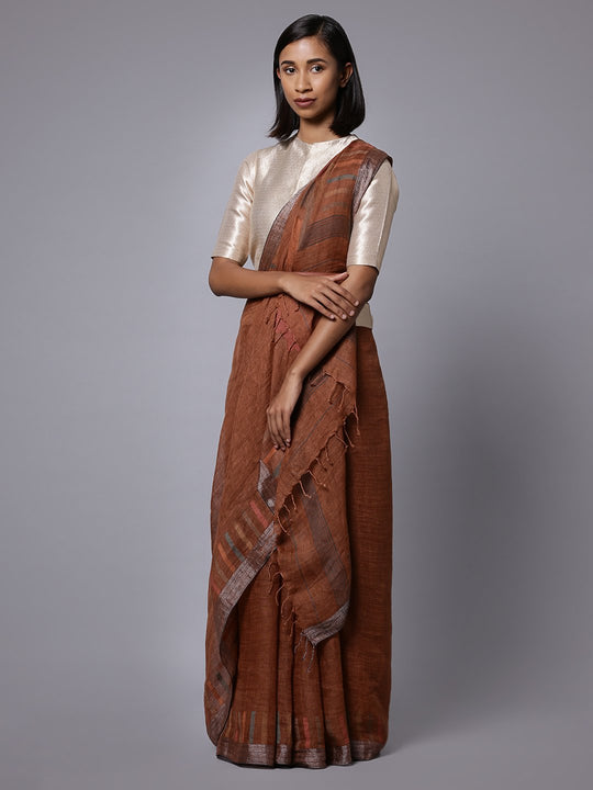 Brown jamdani linen bengal handloom saree