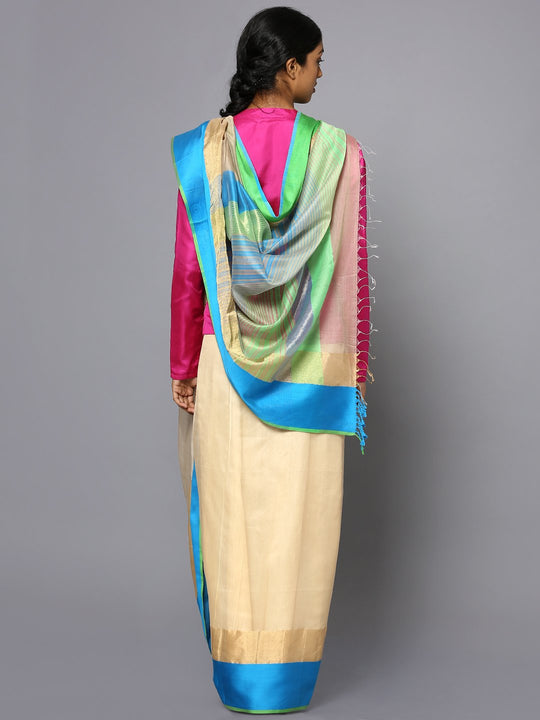 Beige & blue silk cotton maheshwari saree