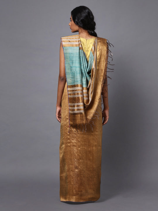 Golden brown handloom tussar silk saree