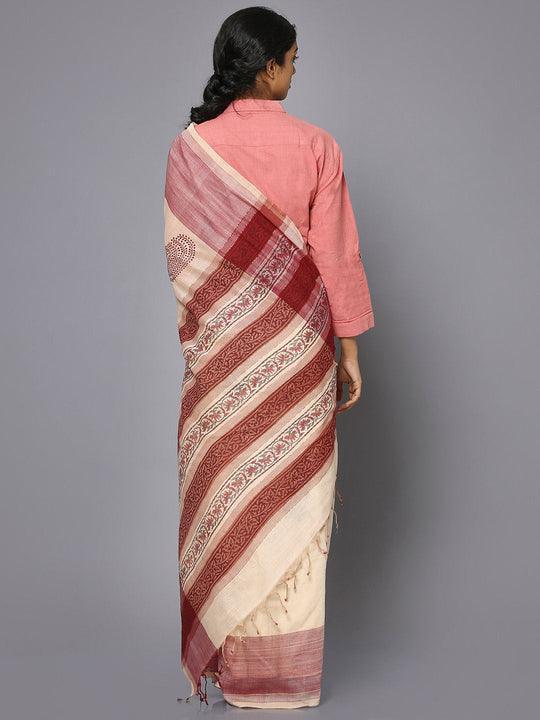 Off white & maroon block print cotton saree