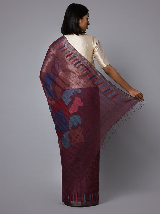 Wine color jamdani handloom linen saree