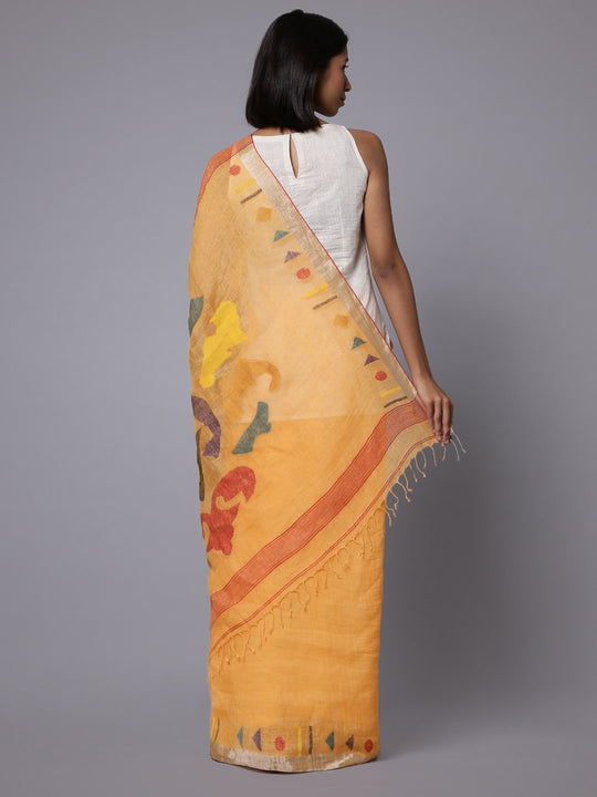 Yellow orange jamdani linen handloom saree