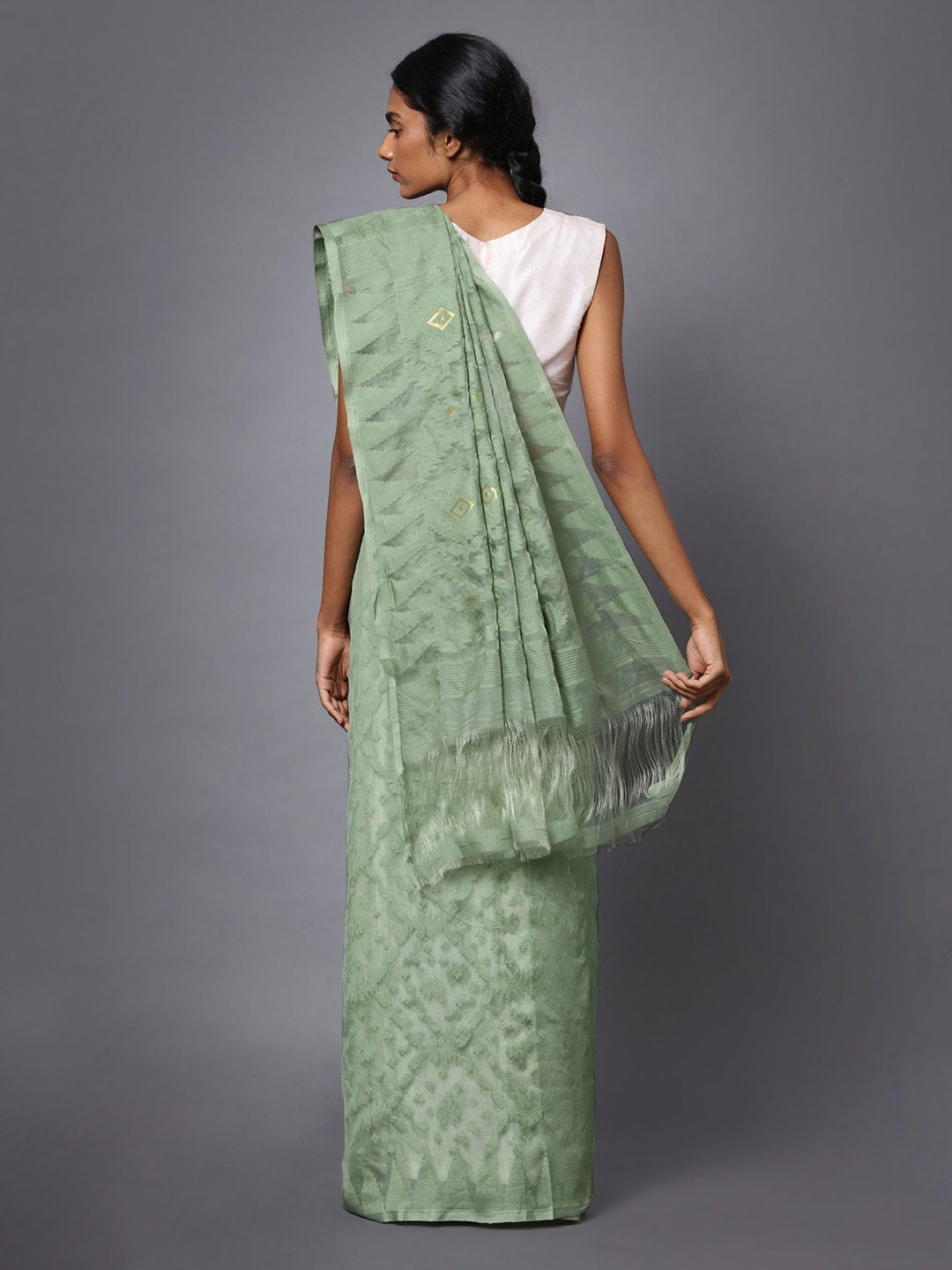 Sage green handloom jamdani cotton silk saree