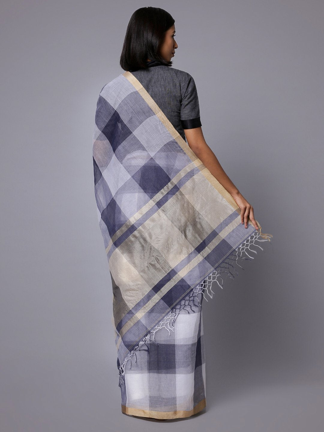 Blue white checks handloom cotton silk saree