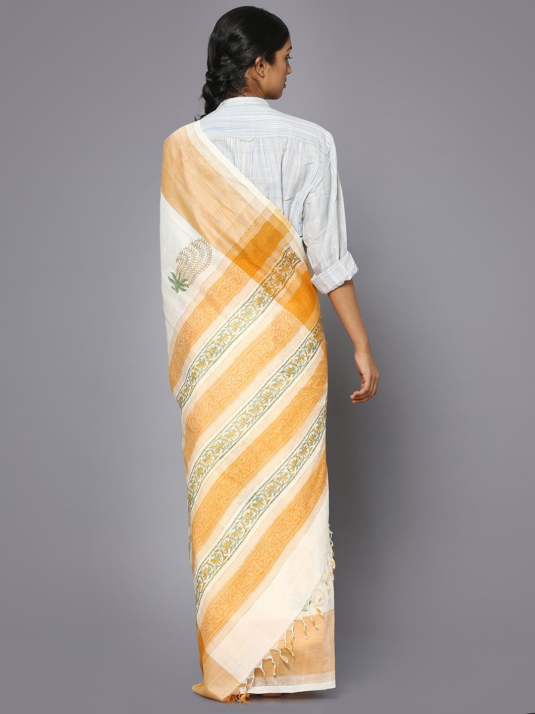 White block print cotton saree