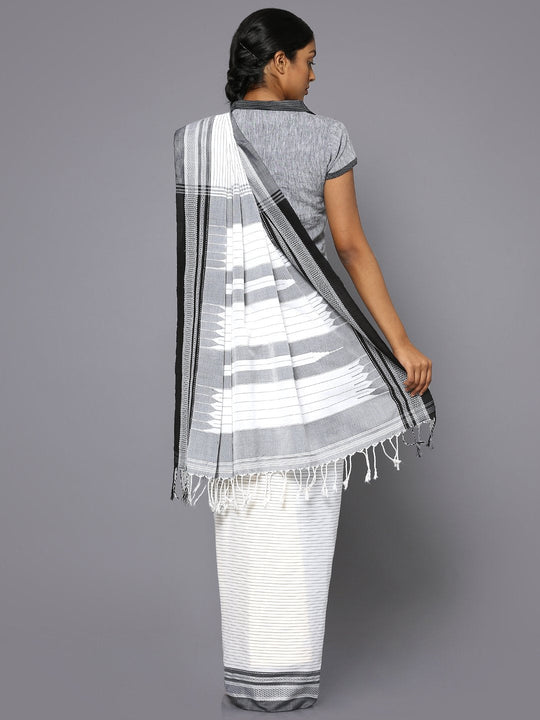 Grey striped white ilkal cotton saree