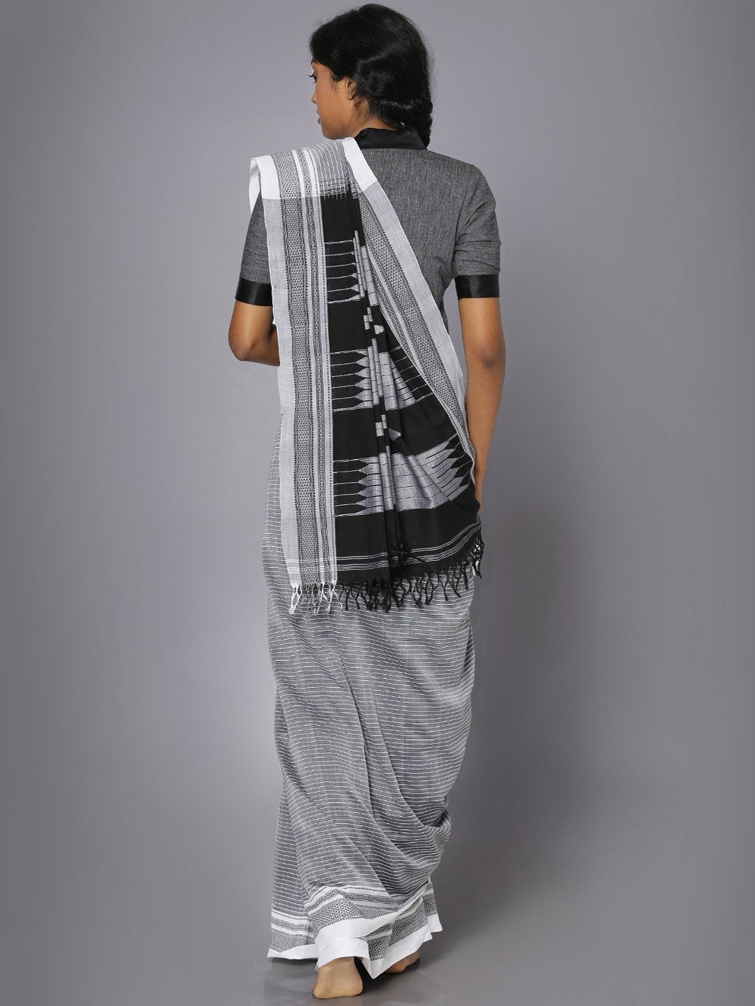 White striped grey ilkal cotton saree
