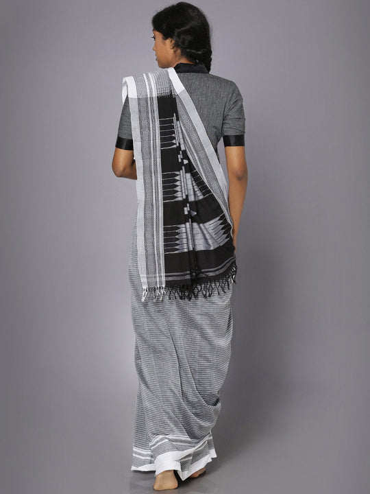 White striped grey ilkal cotton saree