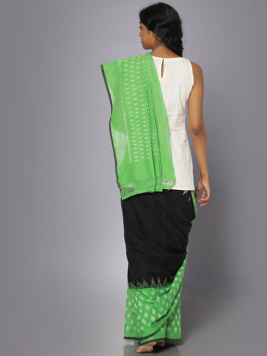 Green & black ikat cotton saree