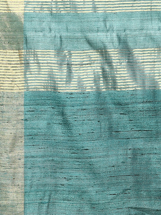 Dark turquoise tussar silk saree