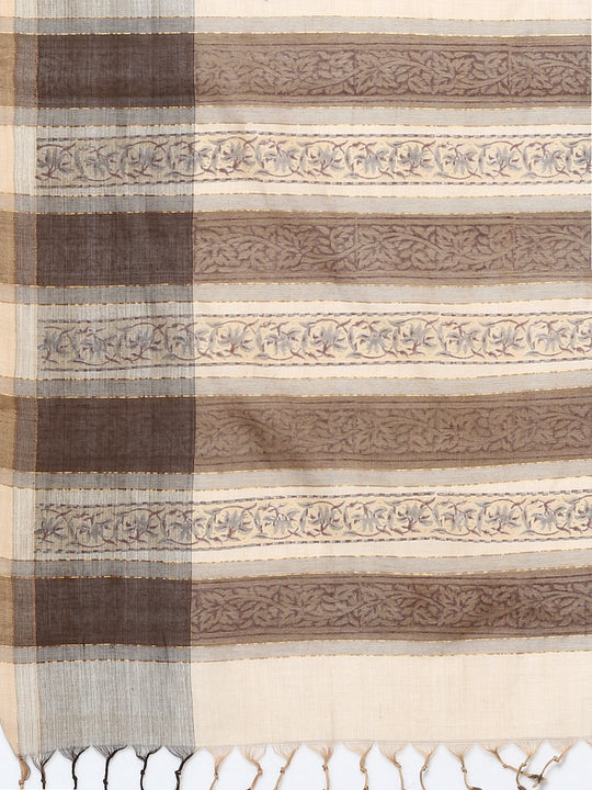 Off white & brown block print cotton saree