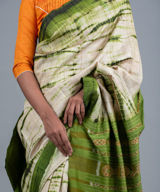 Green handspun shibori ikat gopalpur tussar silk saree