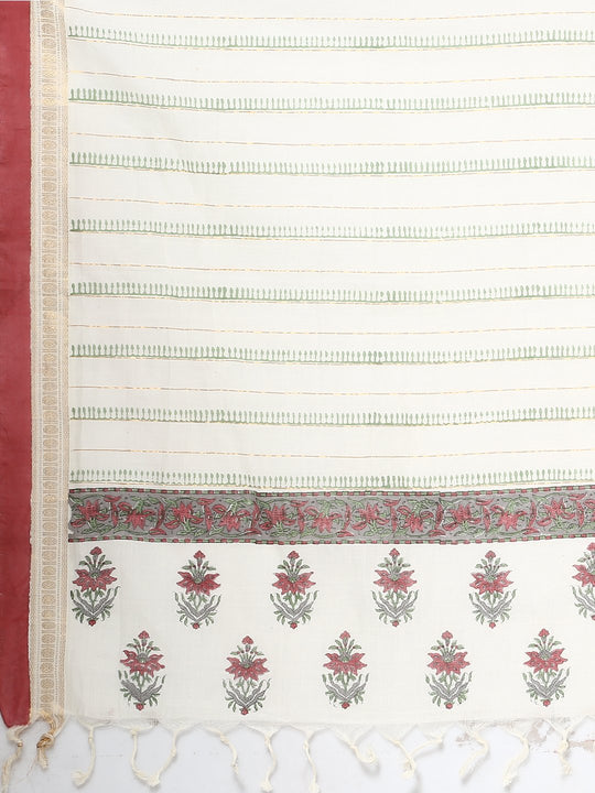 Plain white block print cotton saree