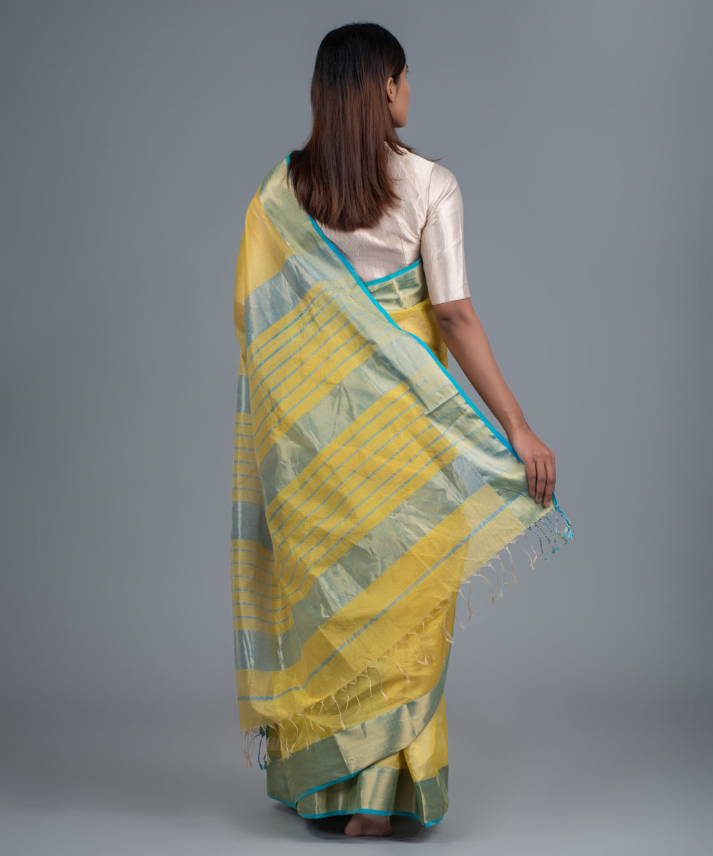 Yellow blue handwoven maheshwari cotton silk saree