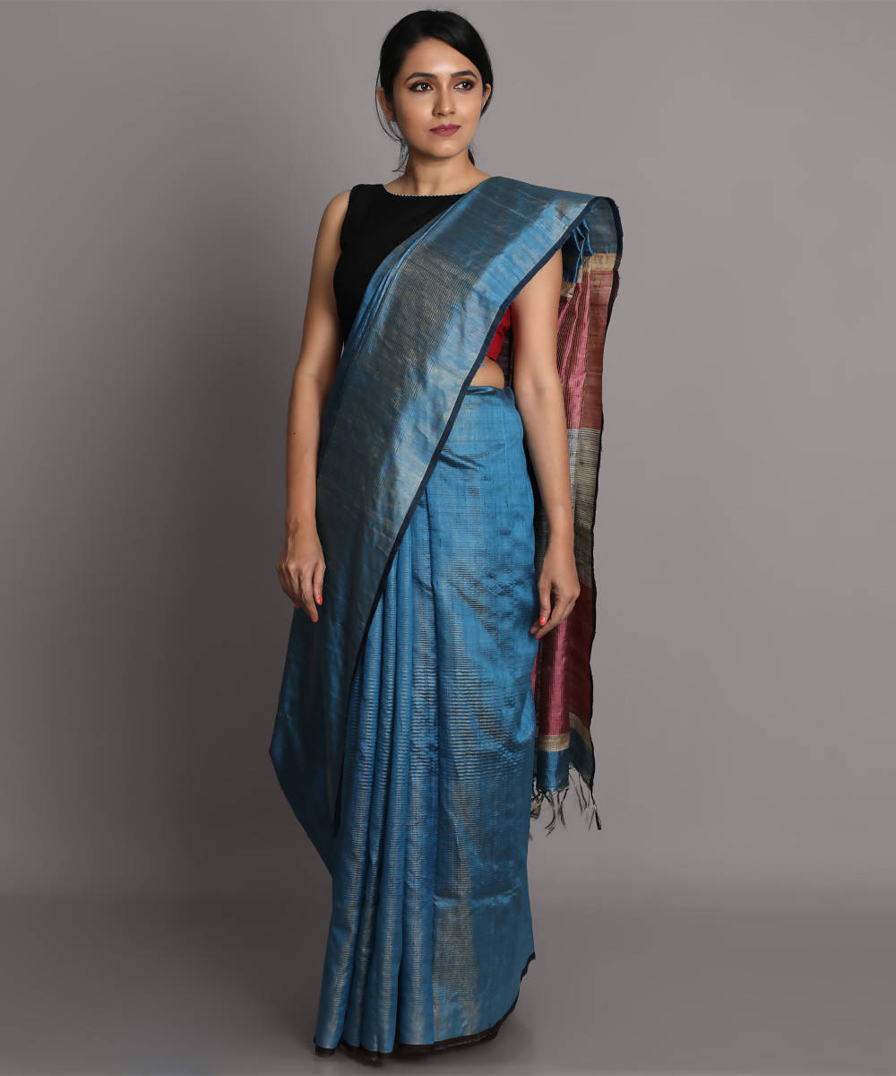 Blue handwoven tussar silk saree