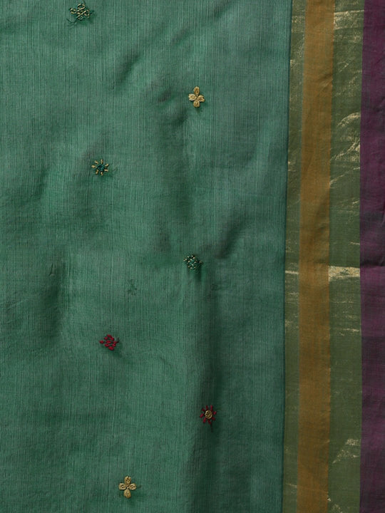 Dark green hand embroidery cotton saree