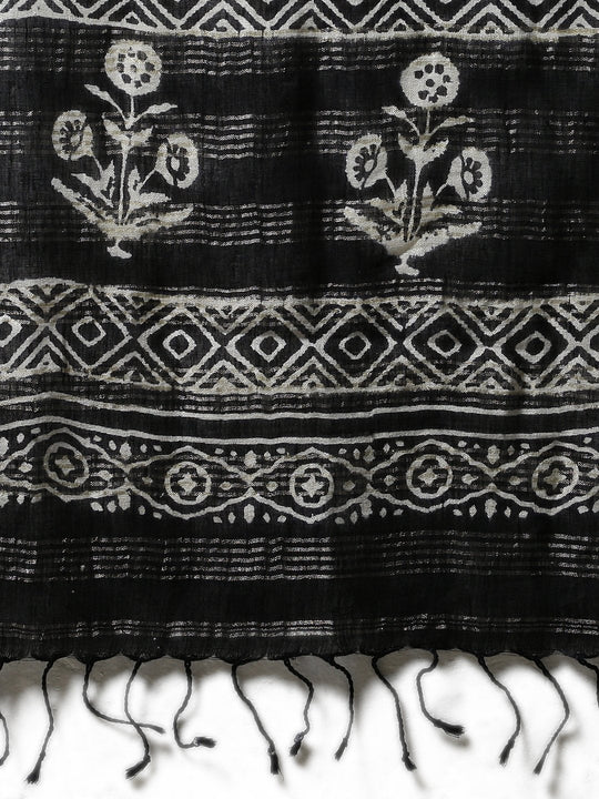 Handblock black print linen saree