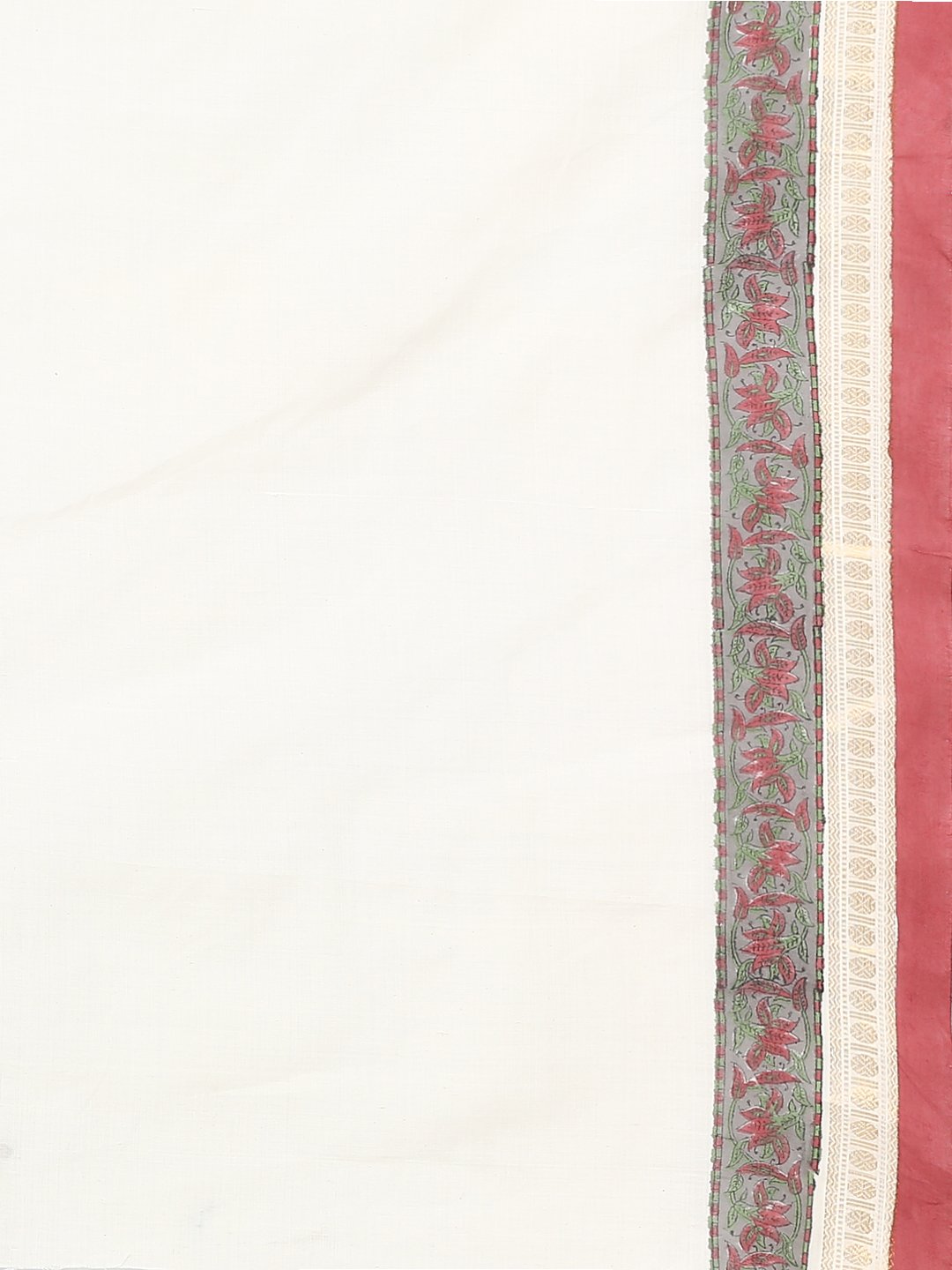 Plain white block print cotton saree