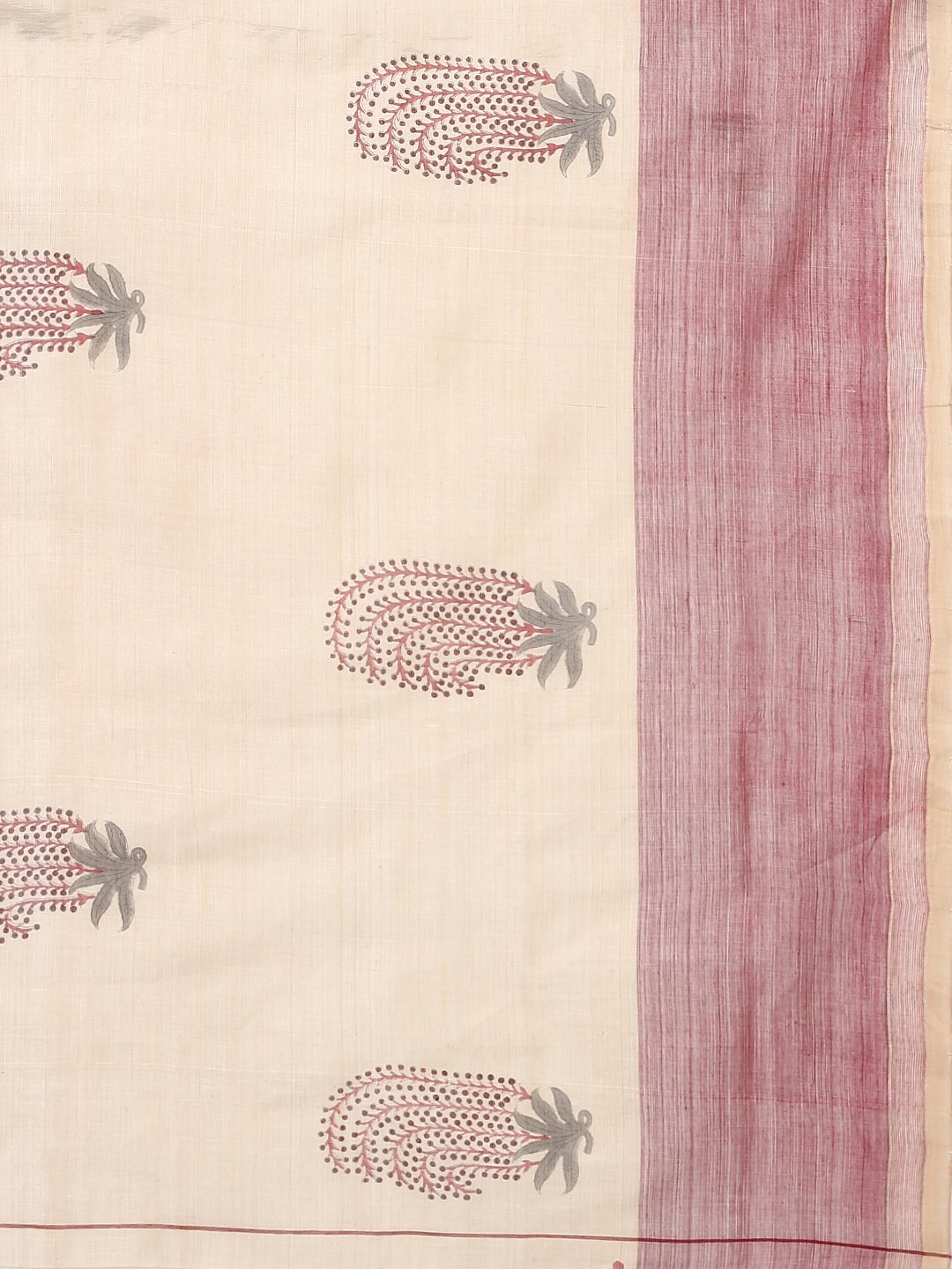 Off white & maroon block print cotton saree