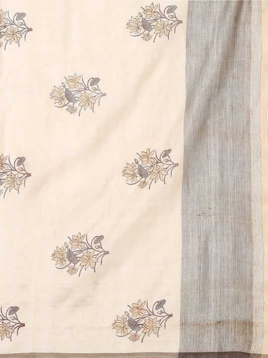 Off white & brown block print cotton saree