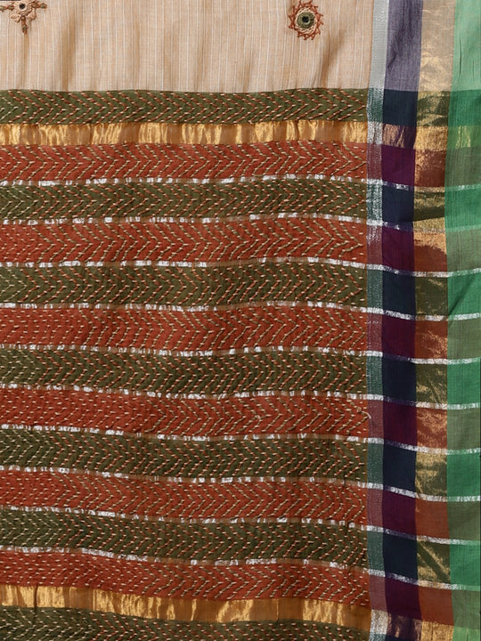 Beige hand embroidery cotton saree