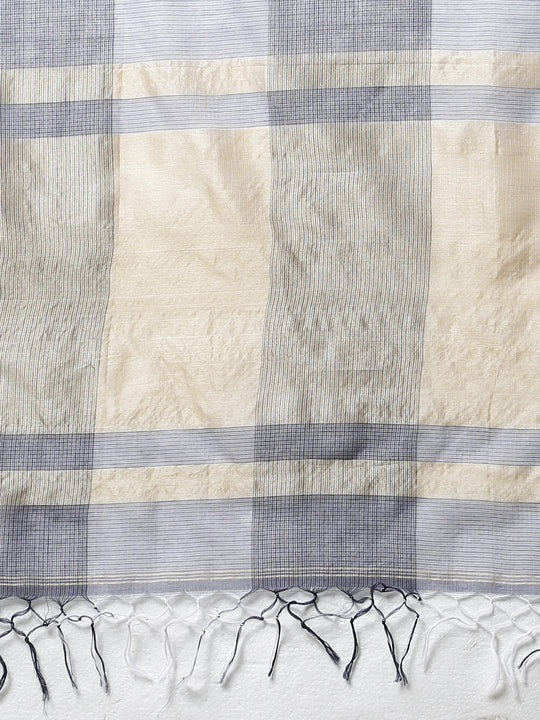 Blue white checks handloom cotton silk saree