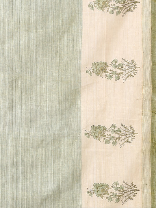 Light green block print cotton saree