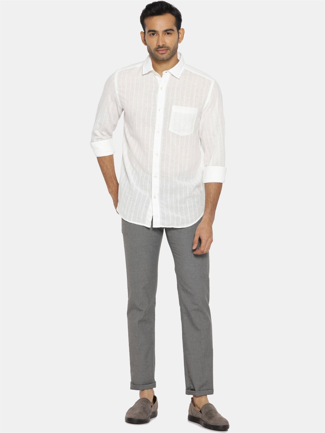 White on white striped regular collared shirt