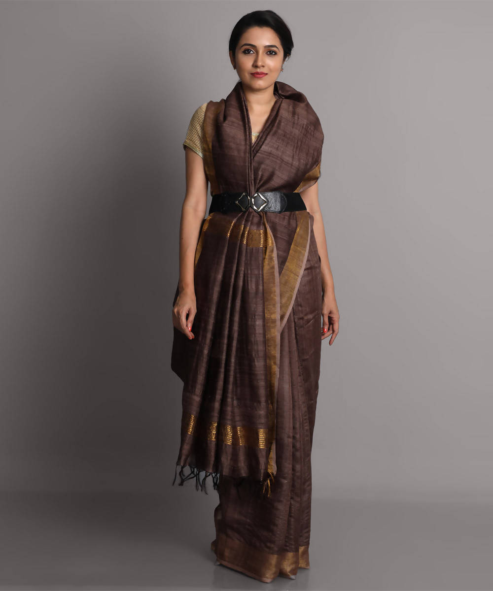 Dark brown handwoven tussar silk saree