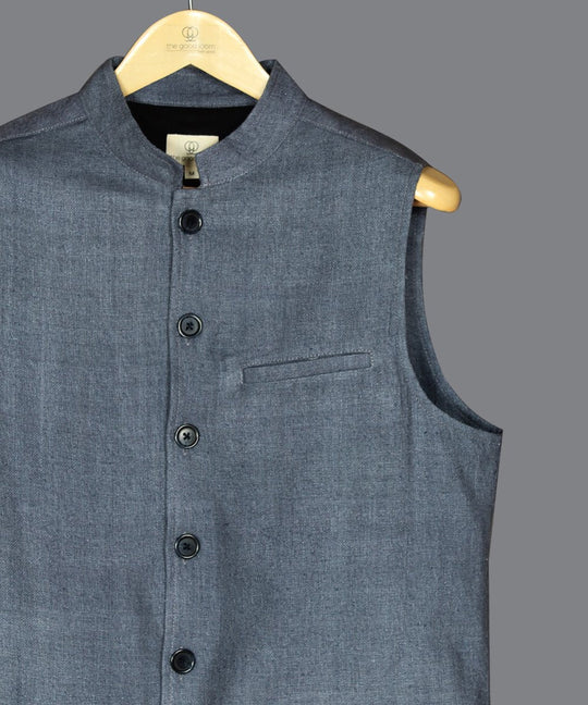 Steel grey noil silk nehru jacket