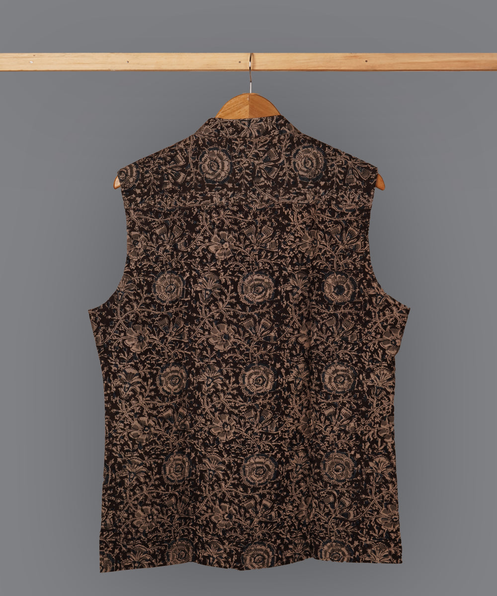 Black handblock print kalamkari cotton nehru jacket