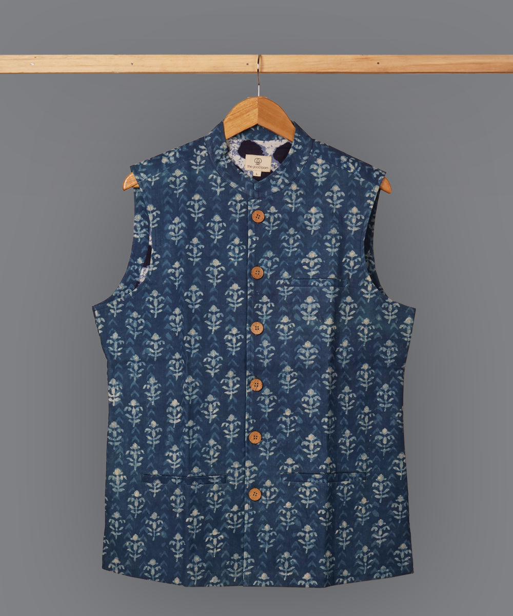 Blue handblock print cotton nehru jacket